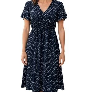 Ces Femmes blue & white polka dot dress with ruffle trim faux wrap Sz M | EUC